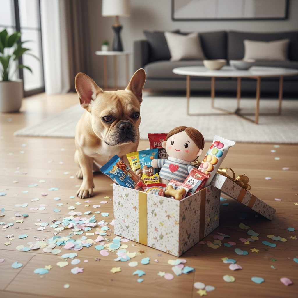 거실 바닥에 흩뿌려진 종이 꽃가루 사이에서 인형과 간식이 가득 담긴 생일 선물 상자를 호기심 어린 눈빛으로 바라보는 프렌치 불독의 상세 묘사 이미지.